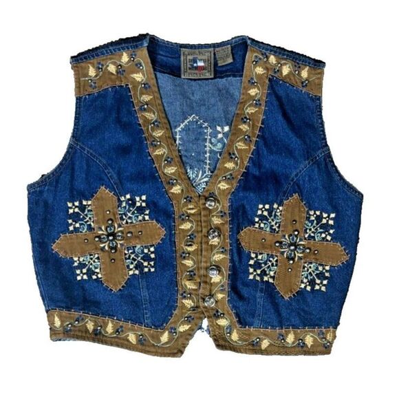 Don't Mess With Texas Vest Size Medium Western Country Short Blue Studded Cross - Picture 1 of 10